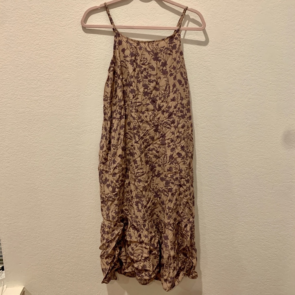Spaghetti strap, midi dress. Blush pink with purple flower pattern.